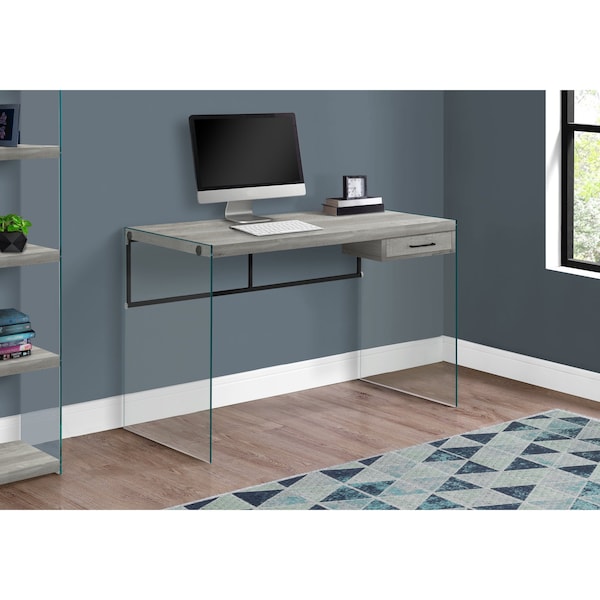 Computer Desk, Home Office, Laptop, Storage Drawers, 48"L, Work, Tempered Glass, Grey, Clear